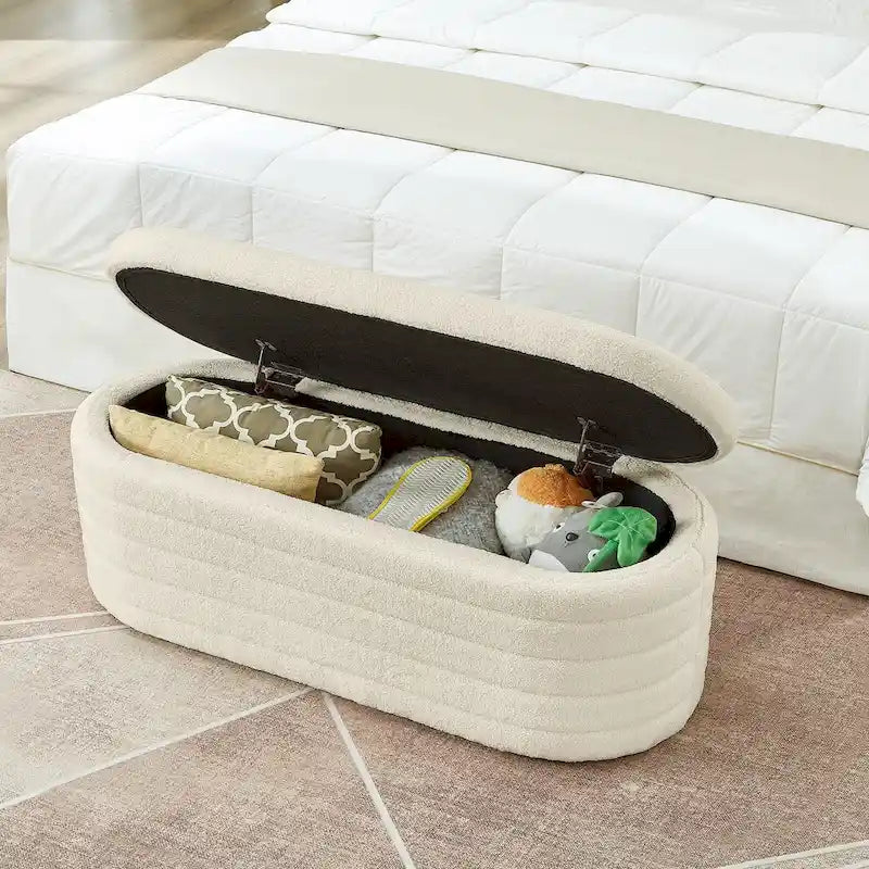 Teddy Fabric Oval Storage Ottoman Bench - No Assembly Required