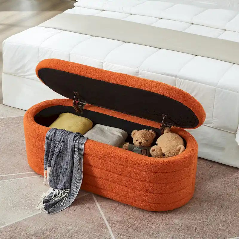 Teddy Fabric Oval Storage Ottoman Bench - No Assembly Required